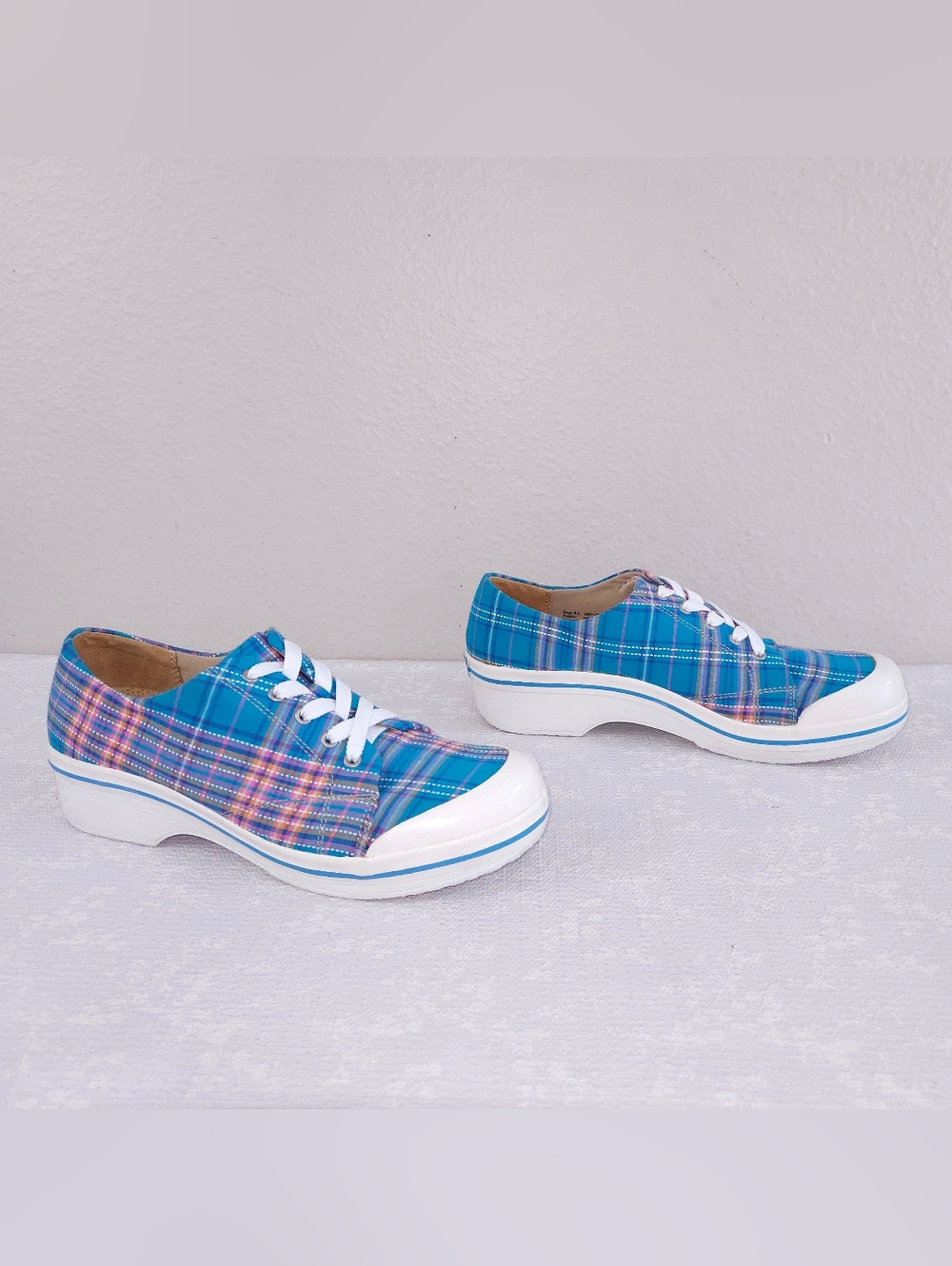 DANSKO Veda Vegan Clogs Lace-Up Sneakers EU 42 Blue Pink Plaid - Picture 2 of 10